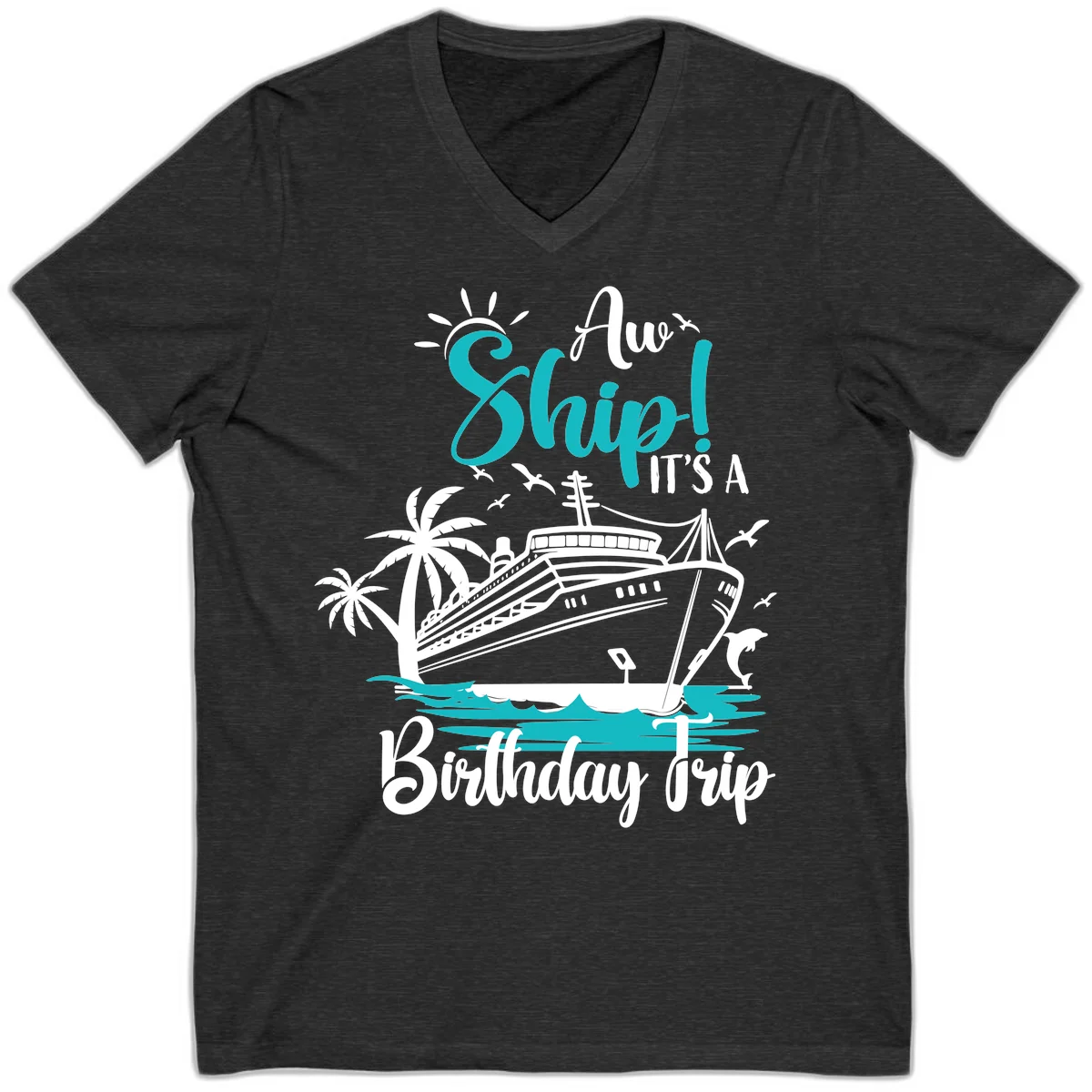 Ahoy Ship It's A Birthday Trip V-Neck in Dark Grey Heather