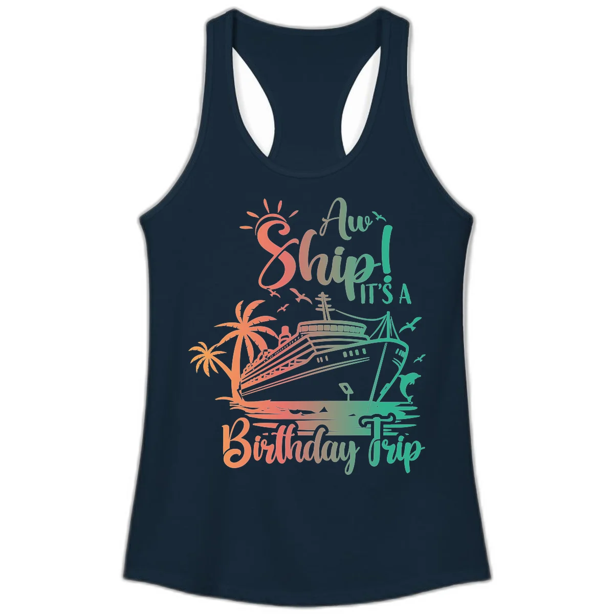 Ahoy It's A Birthday Trip Ladies Tank in Solid Midnight Navy