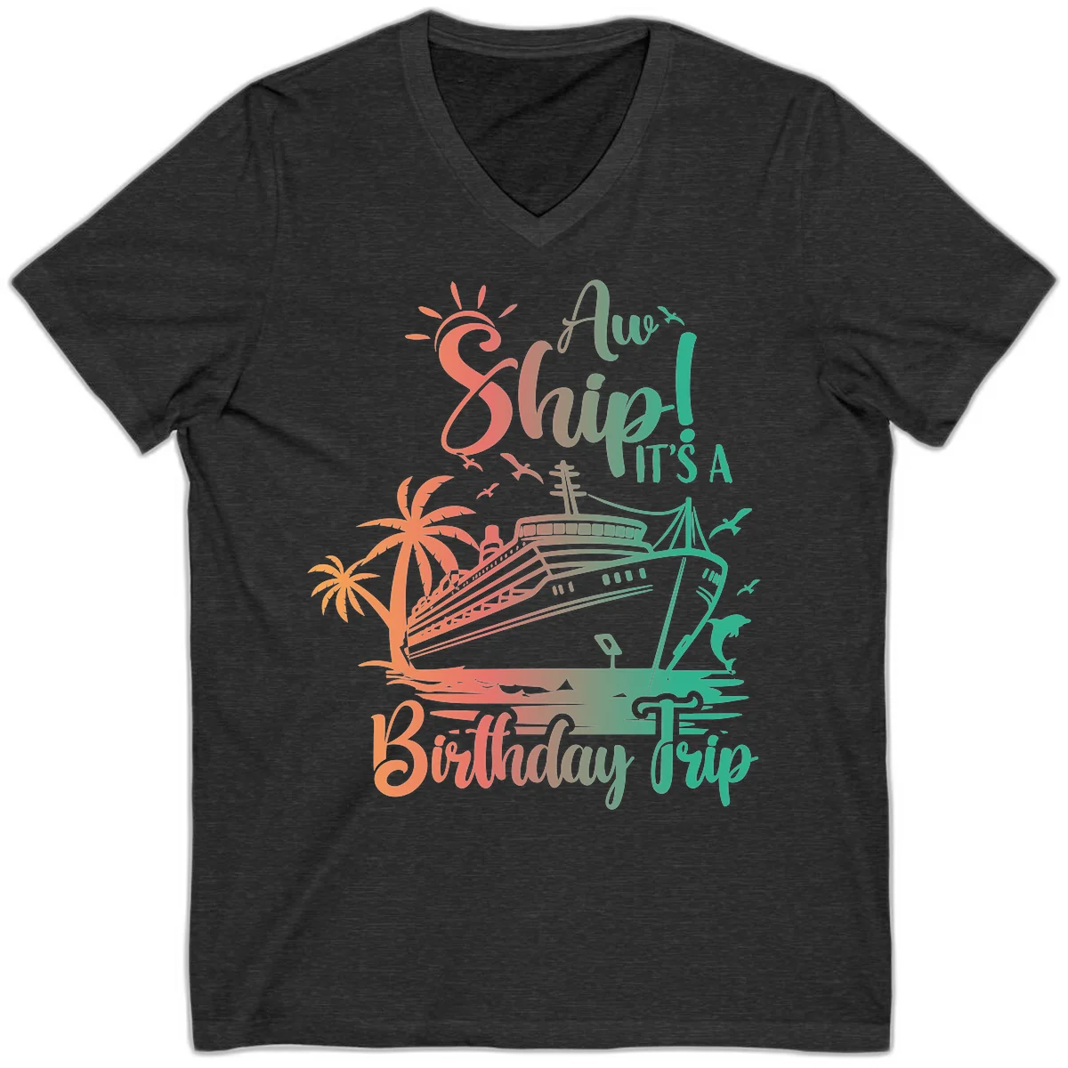 Ahoy It's A Birthday Trip V-Neck in Dark Grey Heather
