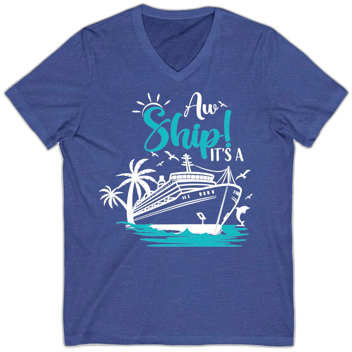 Aw Ship It's A Cruise V-Neck Tee in Heather True Royal
