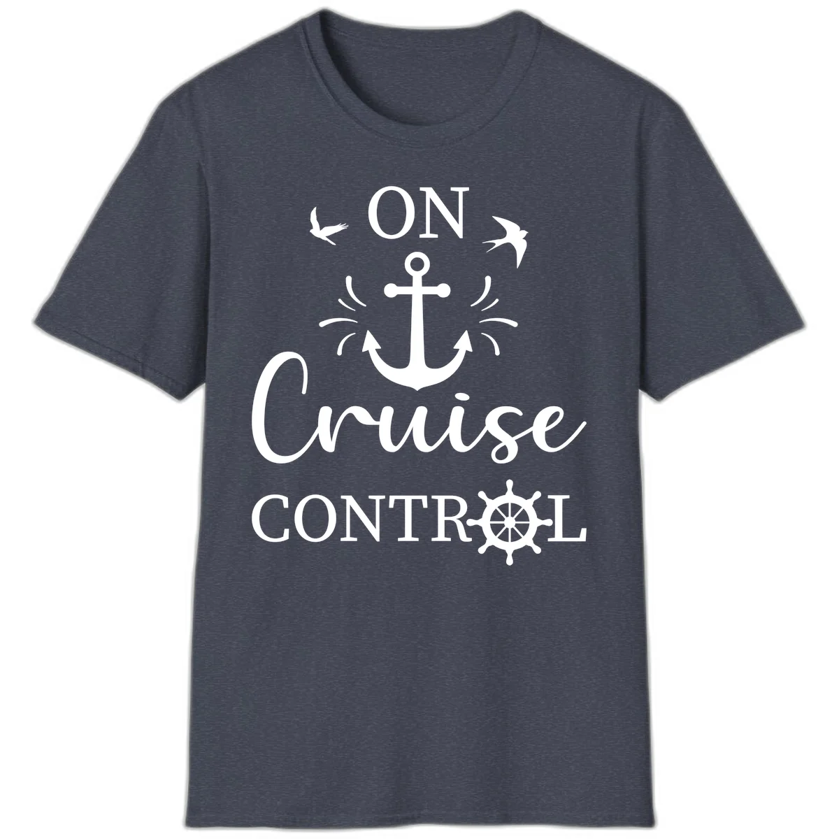 On Cruise Control Nautical Anchor Ship Wheel T-Shirt in Heather Navy