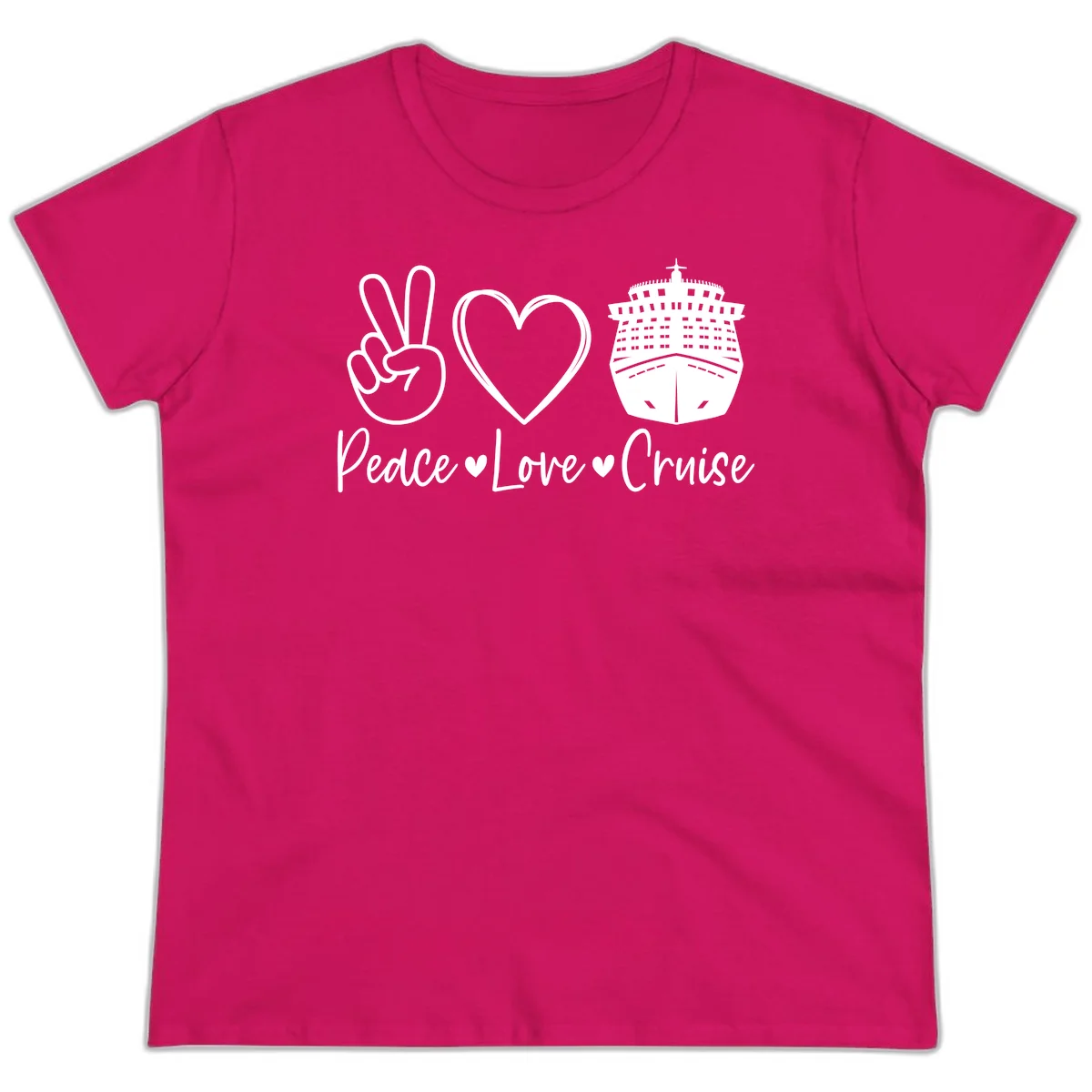 Peace Love Cruise Ladies Tee in Heliconia