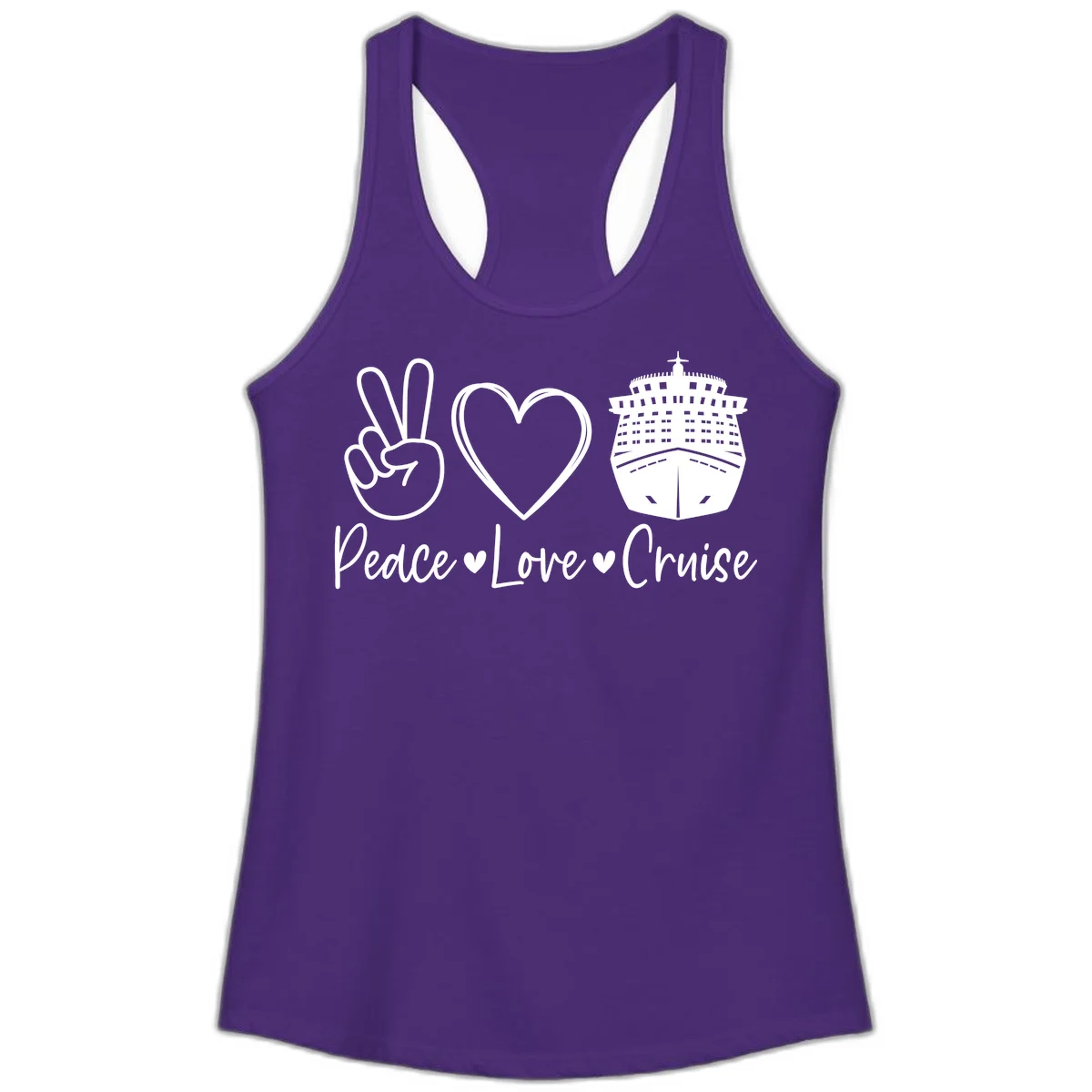 Peace Love Cruise Ladies Tank in Solid Purple Rush