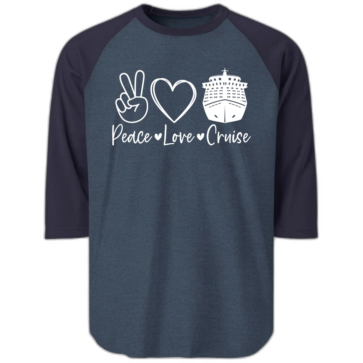 Peace Love Cruise Raglan 3/4 Tee in Heather Denim Navy