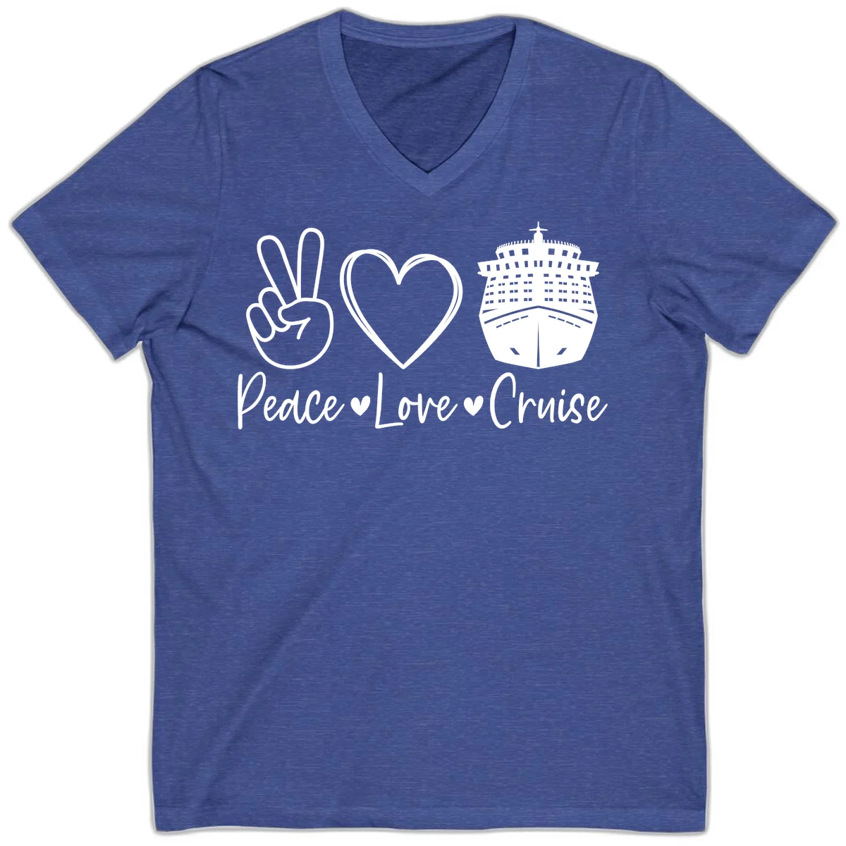Peace Love Cruise V-Neck Tee in Heather True Royal