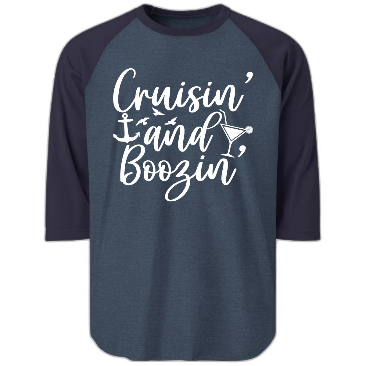 Cruisin' And Boozing Nautical Raglan 3/4 in Heather Denim Navy