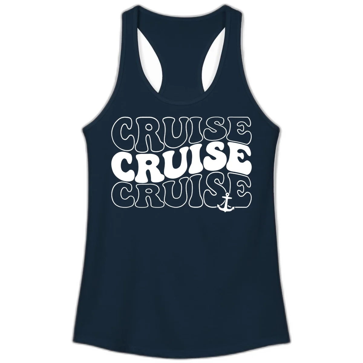 Cruise Cruise Cruise Anchor Design Ladies Tank in Solid Midnight Navy