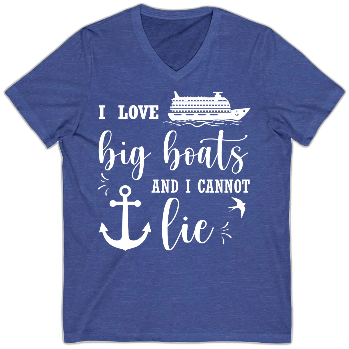 Big Boats And I Cannot Lie V-Neck in Heather True Royal
