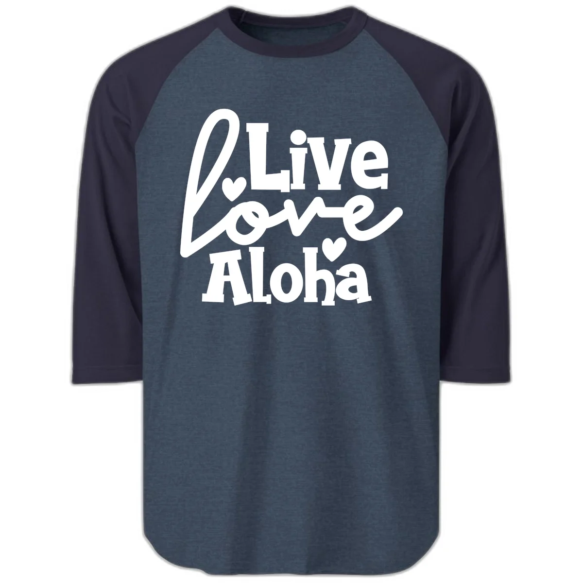 Live Love Aloha Island Vibes Raglan 3/4 Shirt in Heather Denim Navy