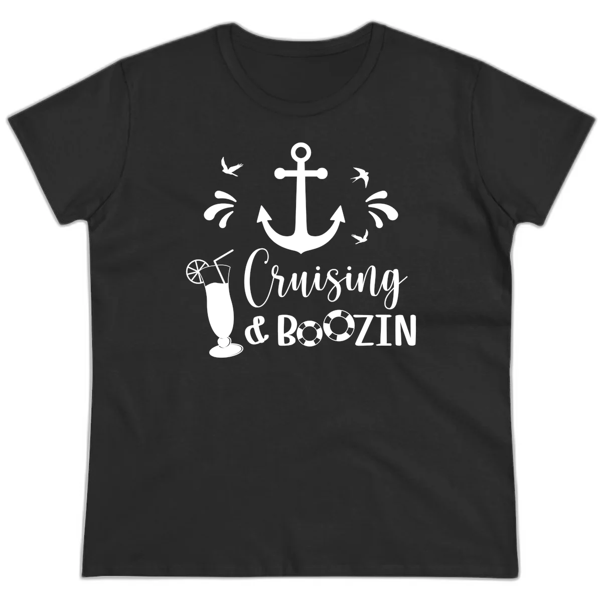 Cruising & Boozin Anchor Fun Ladies Cruise Tee in Black