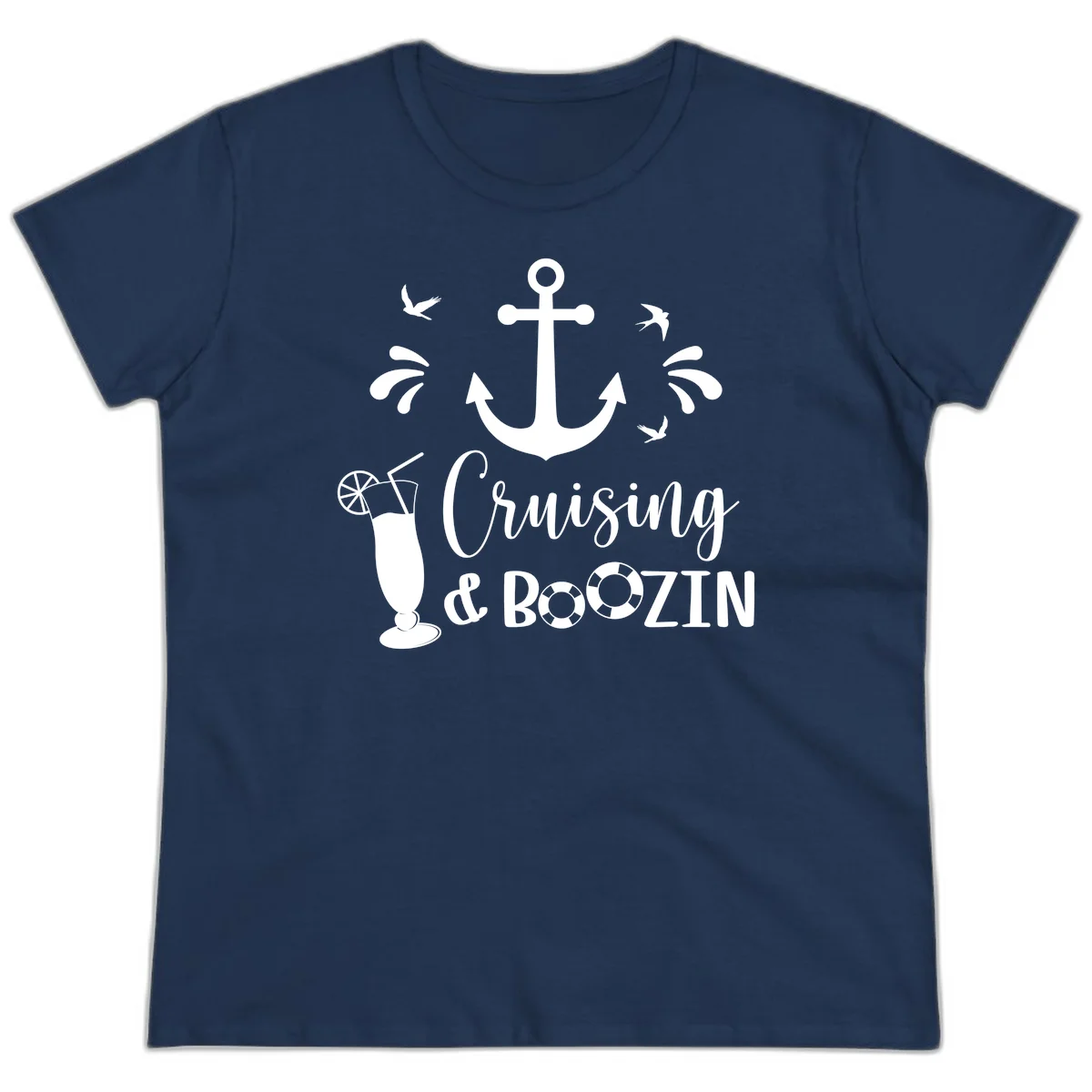 Cruising & Boozin Anchor Fun Ladies Cruise Tee in Navy