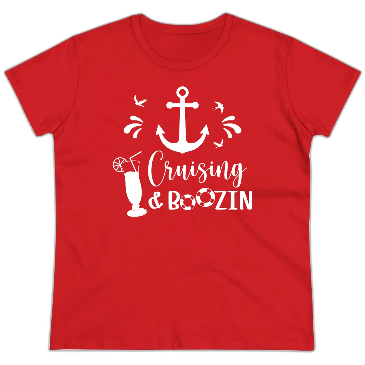 Cruising & Boozin Anchor Fun Ladies Cruise Tee in Red