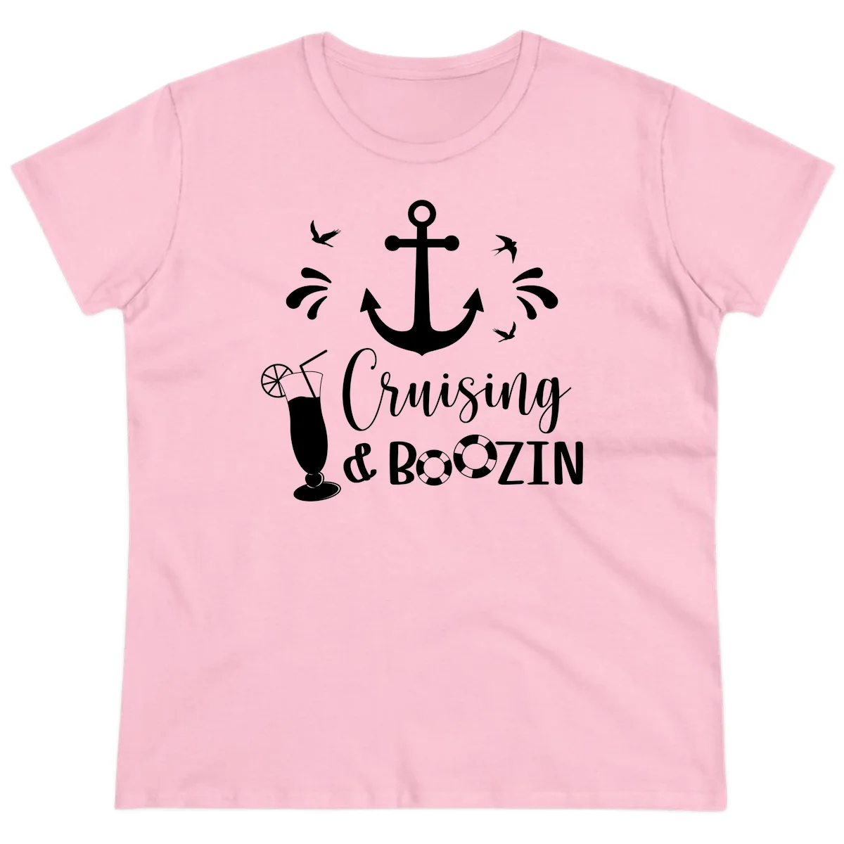 Cruising & Boozin Anchor Fun Ladies Cruise Tee in Light Pink