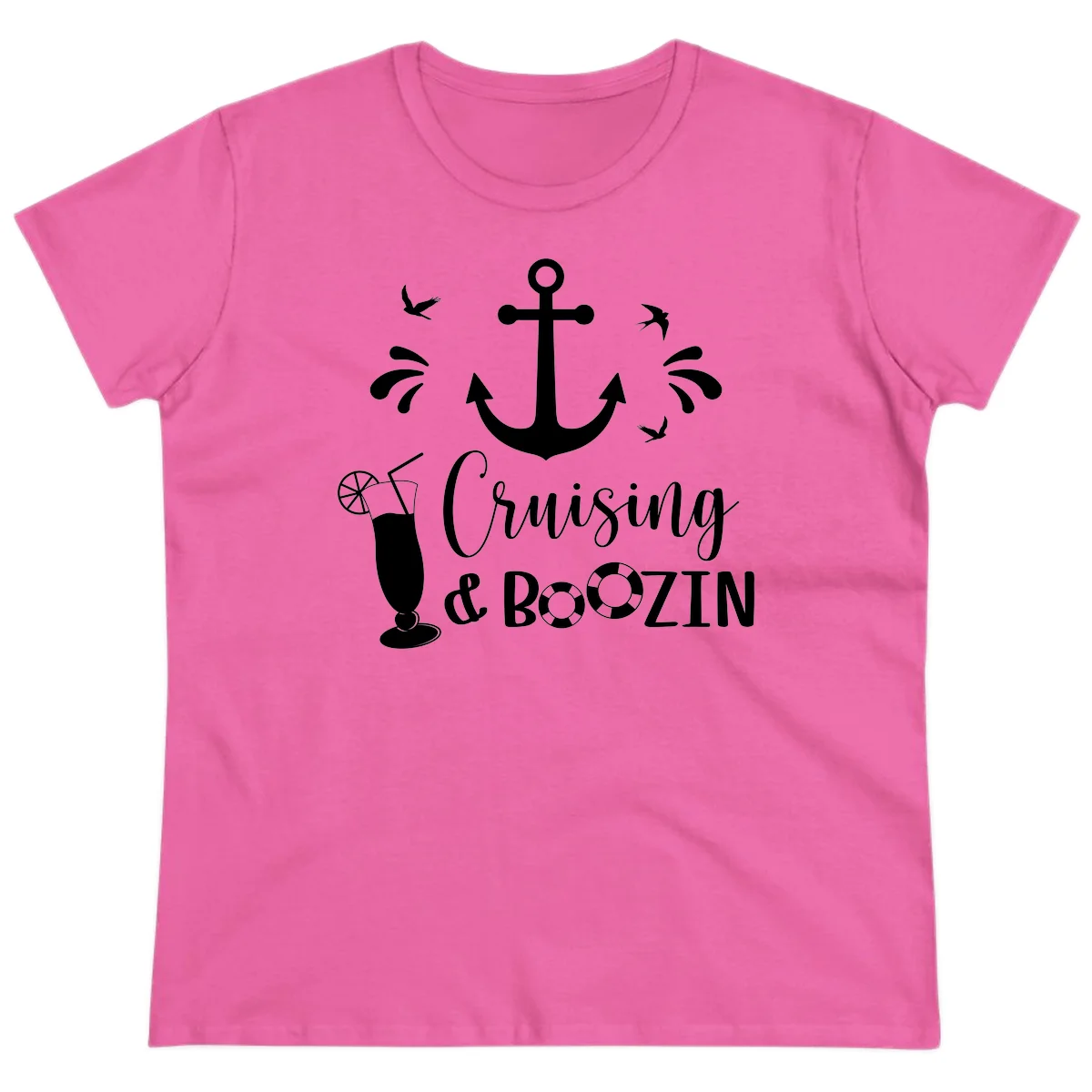 Cruising & Boozin Anchor Fun Ladies Cruise Tee in Azalea