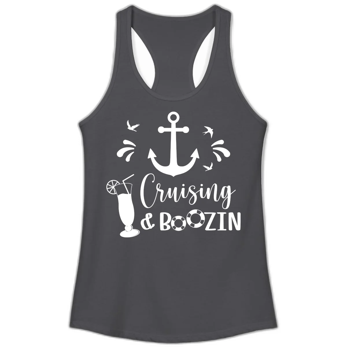 Cruising & Boozin Anchor Ladies Racerback Tank in Solid Dark Gray