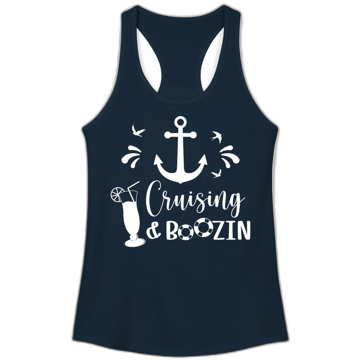 Cruising & Boozin Anchor Ladies Racerback Tank in Solid Midnight Navy