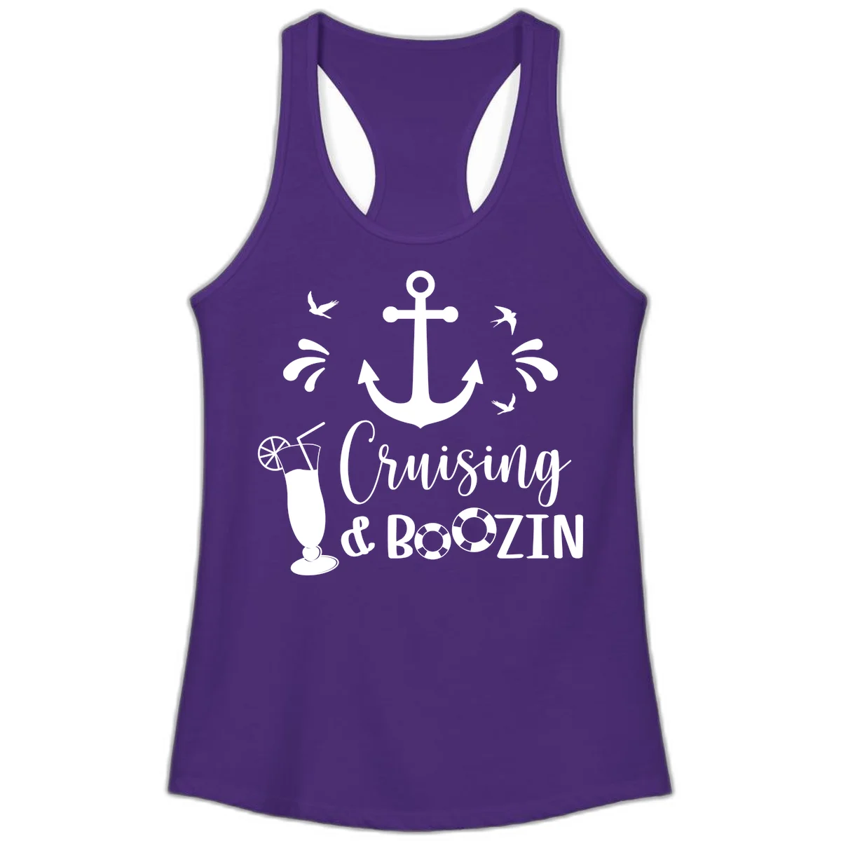 Cruising & Boozin Anchor Ladies Racerback Tank in Solid Purple Rush