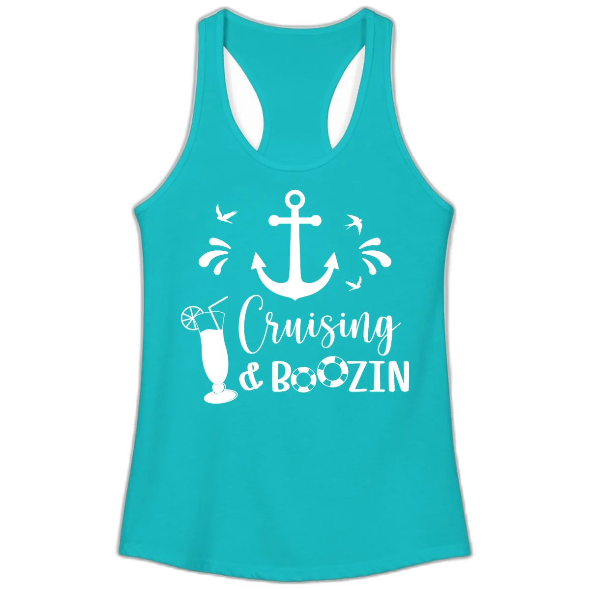 Cruising & Boozin Anchor Ladies Racerback Tank in Tahiti Blue