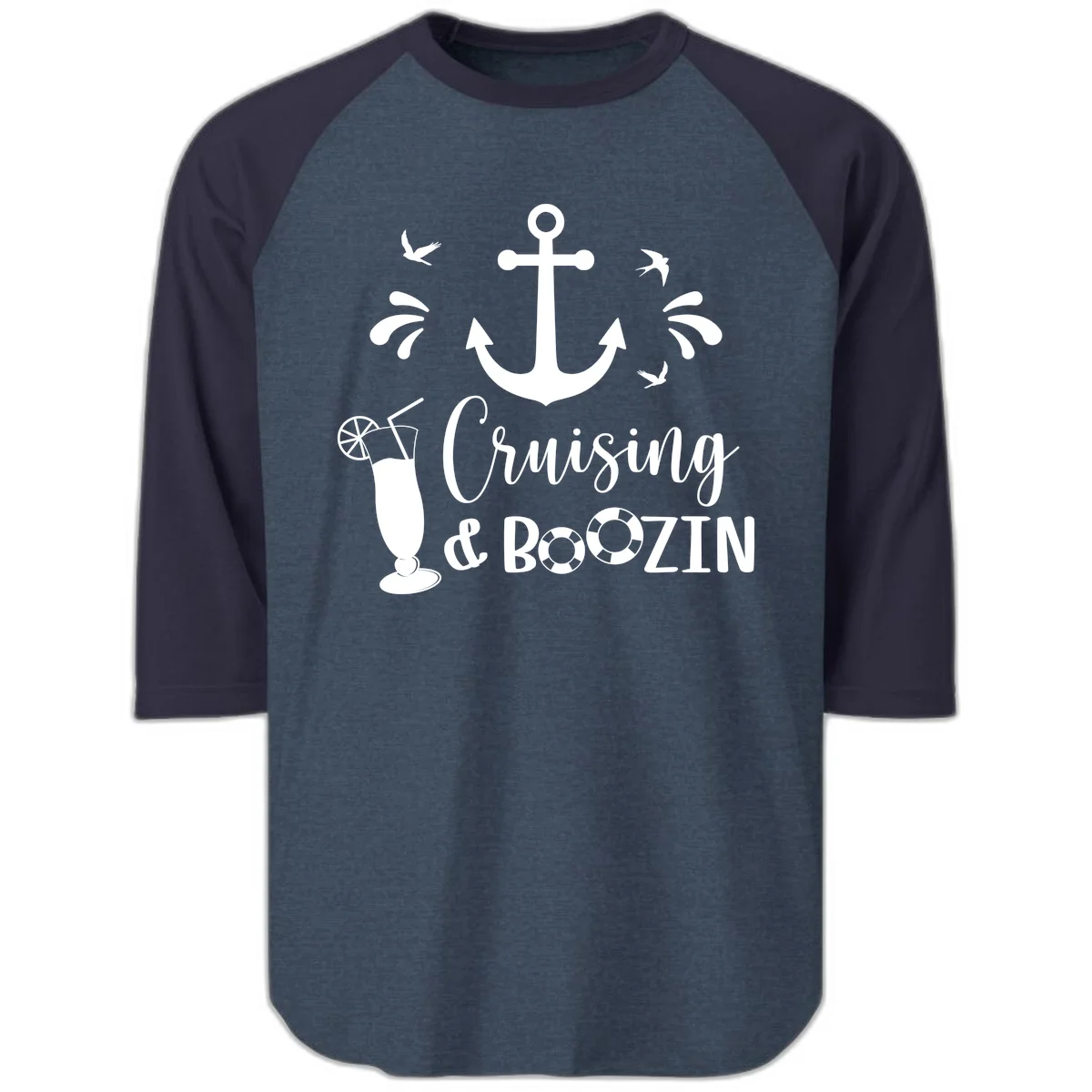 Cruising & Boozin Anchor Raglan 3/4 Sleeve Shirt in Heather Denim Navy