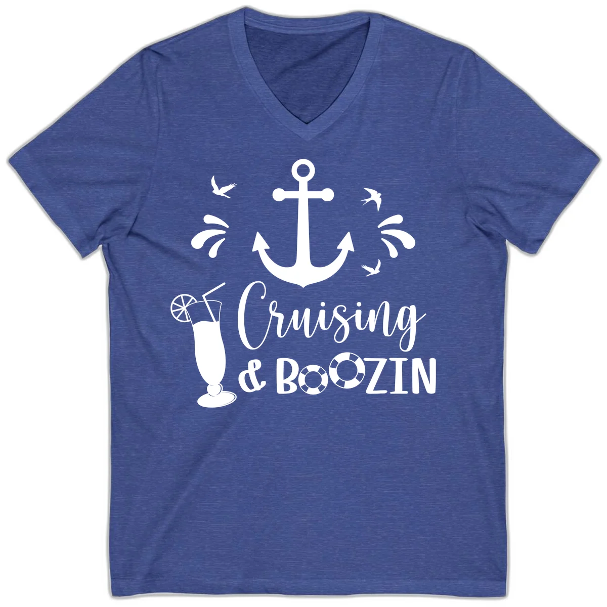 Cruising & Boozin Anchor Nautical V-Neck Tee in Heather True Royal