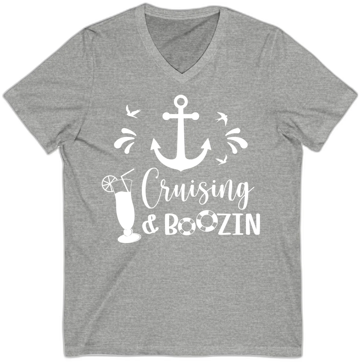 Cruising & Boozin Anchor Nautical V-Neck Tee in Athletic Heather