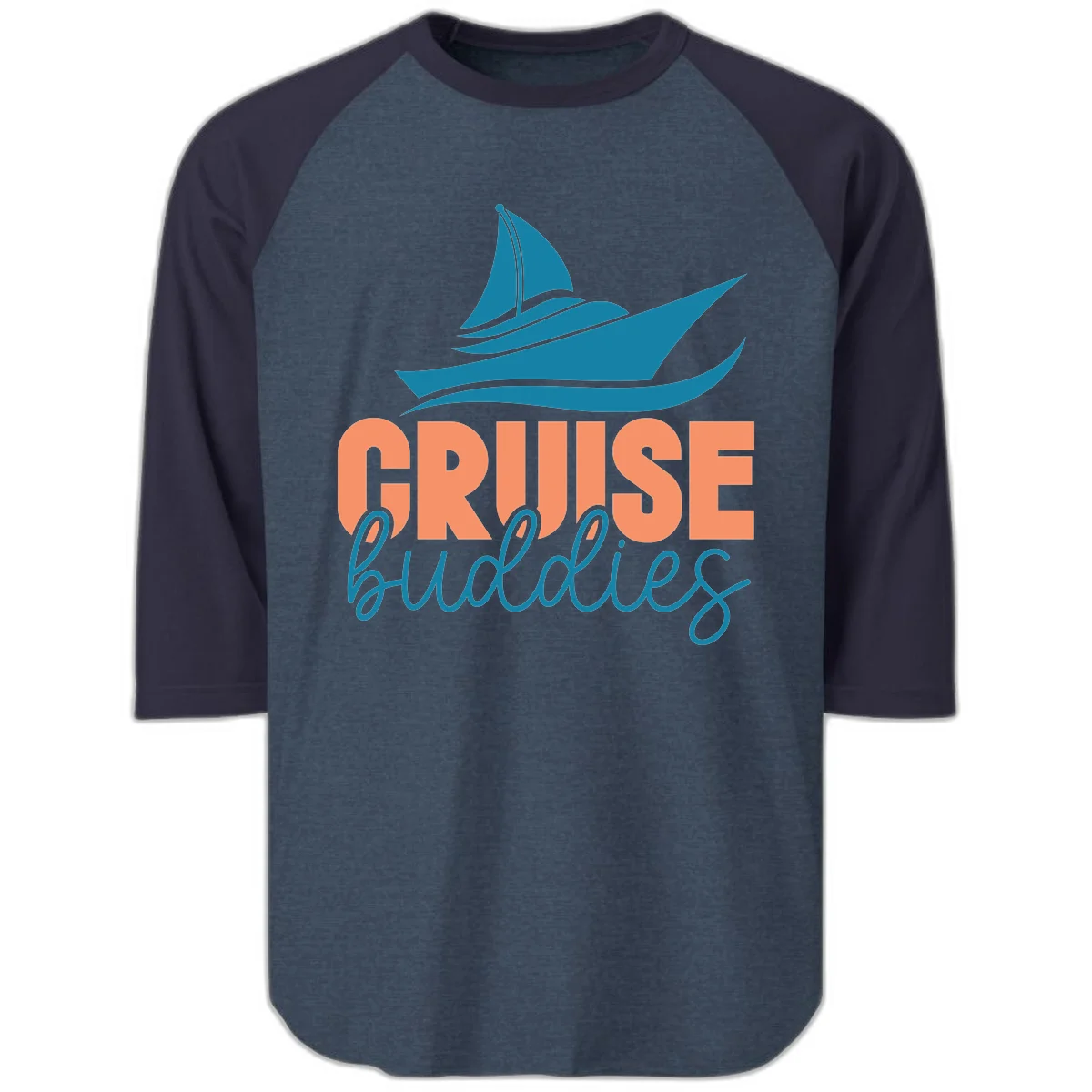 Cruise Buddies Ship Design Raglan 3/4 in Heather Denim Navy