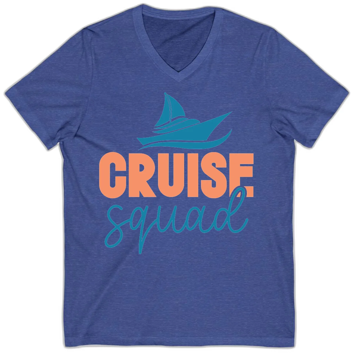 Cruise Squad Sailboat V-Neck Tee for Your Crew in Heather True Royal
