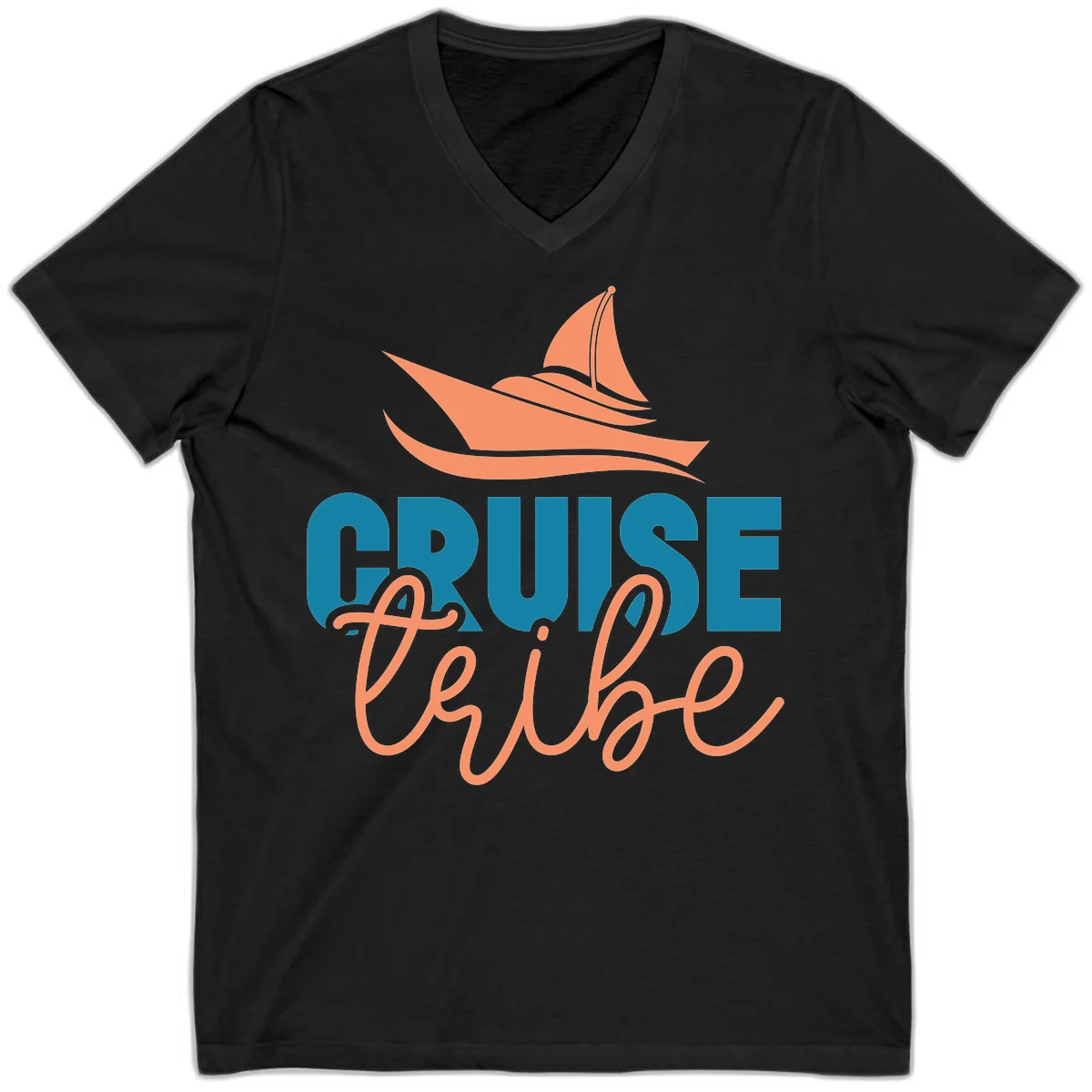 Cruise Vibe Sailboat Nautical V-Neck T-Shirt in Black