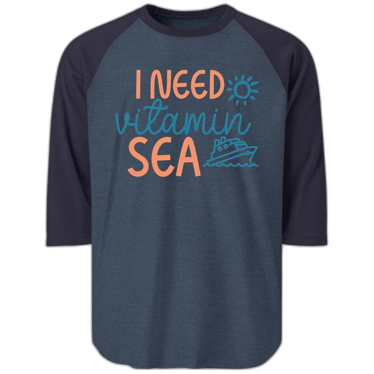 I Need Vitamin Sea Raglan 3/4 Sleeve Cruise Tee in Heather Denim Navy