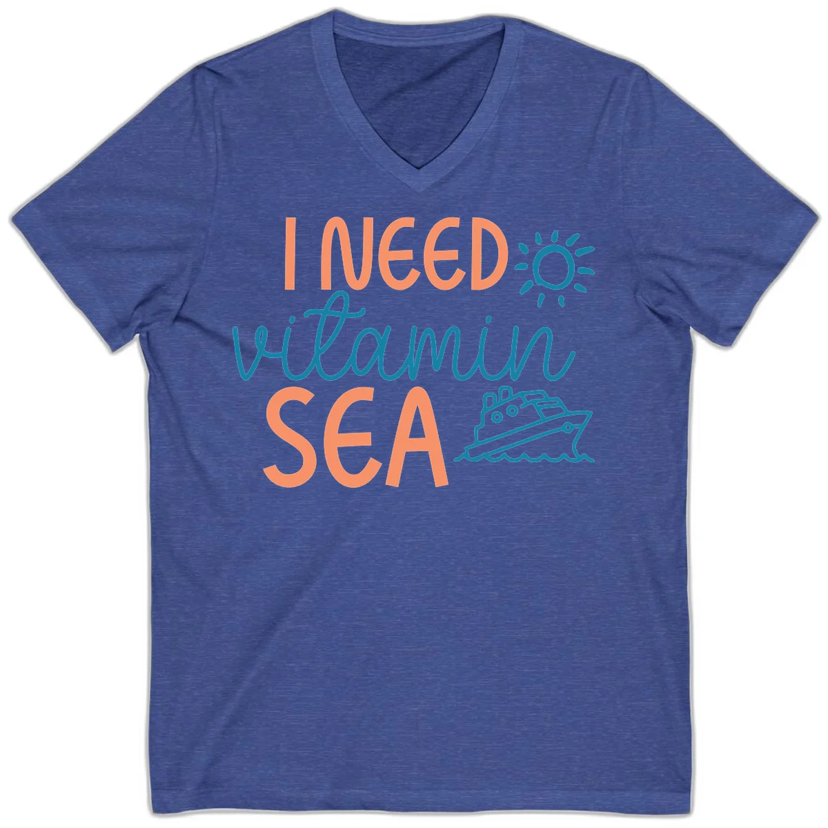I Need Vitamin Sea V-Neck Cruise Tee for Vacation in Heather True Royal
