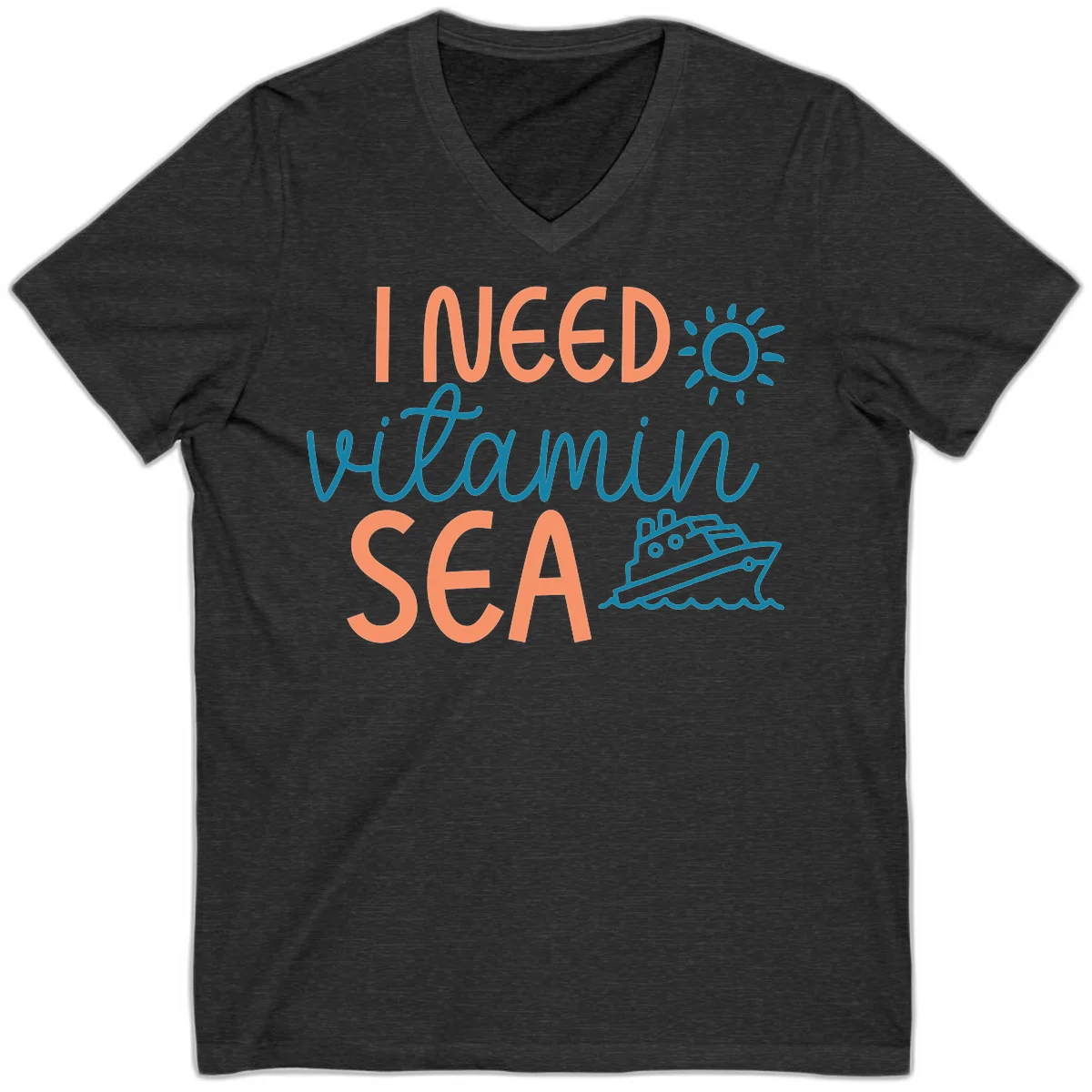 I Need Vitamin Sea V-Neck Cruise Tee for Vacation in Dark Grey Heather