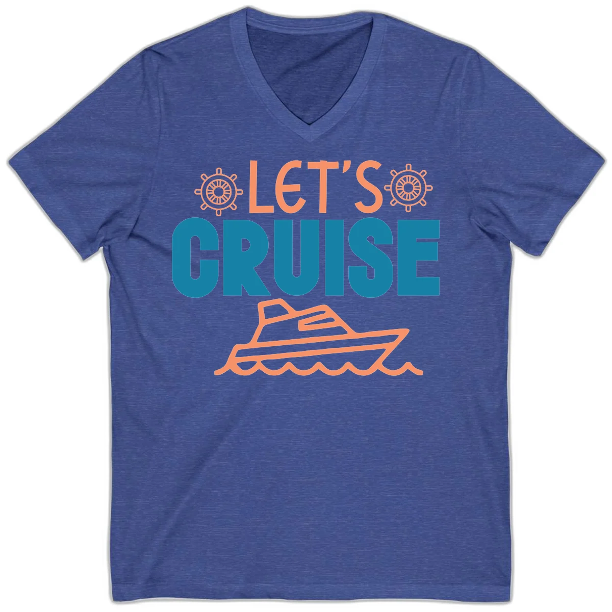 Let's Cruise Nautical Yacht Vacation V-Neck in Heather True Royal