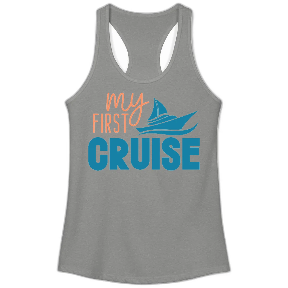 My First Cruise Ladies Racerback Tank Top in Heather Grey