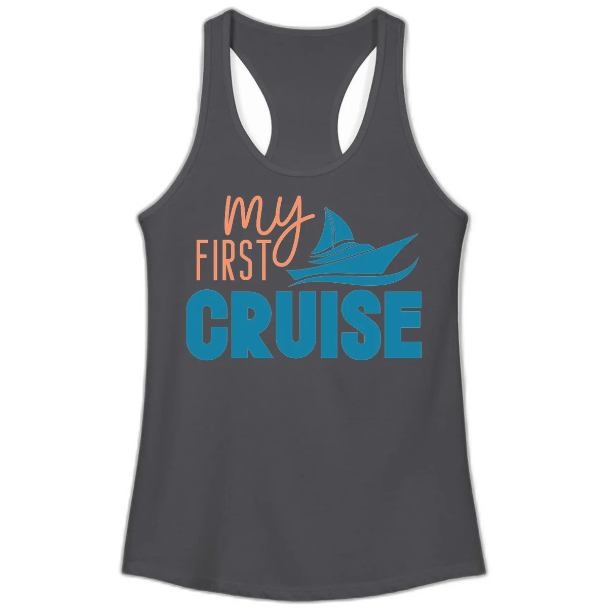 My First Cruise Ladies Racerback Tank Top in Solid Dark Gray