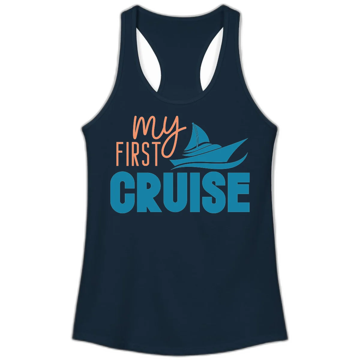 My First Cruise Ladies Racerback Tank Top in Solid Midnight Navy