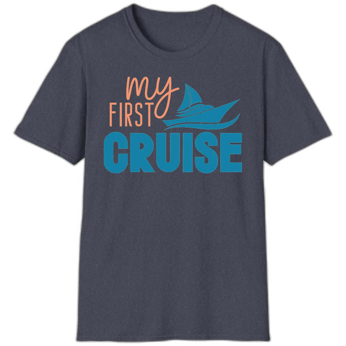 My First Cruise Vacation T-Shirt with Sailboat Design in Heather Navy