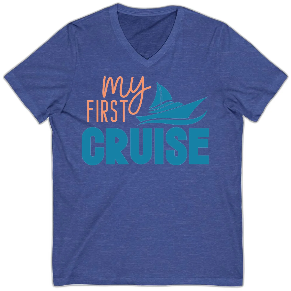 My First Cruise V-Neck Tee for Your Maiden Voyage in Heather True Royal