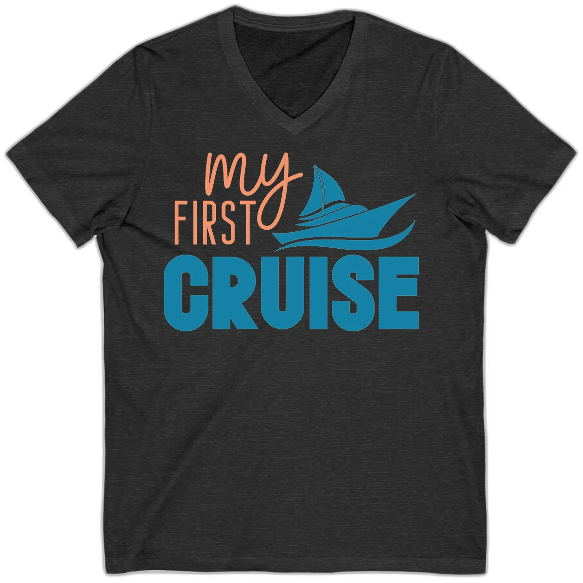 My First Cruise V-Neck Tee for Your Maiden Voyage in Dark Grey Heather