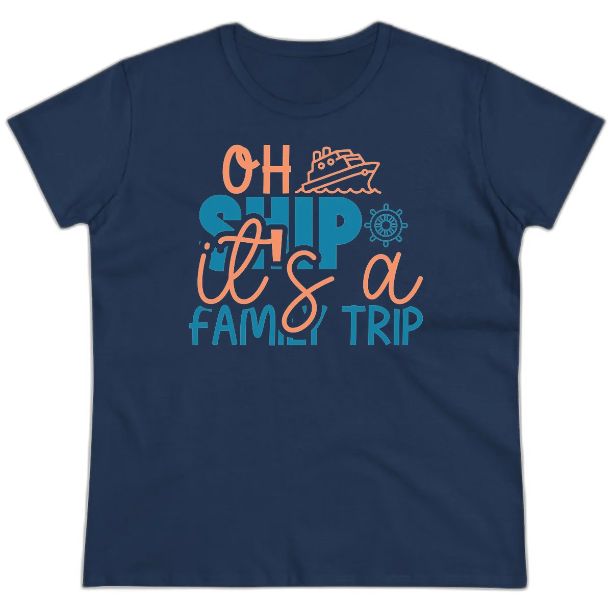 Funny Oh Ship Family Cruise Trip Ladies Tee in Navy