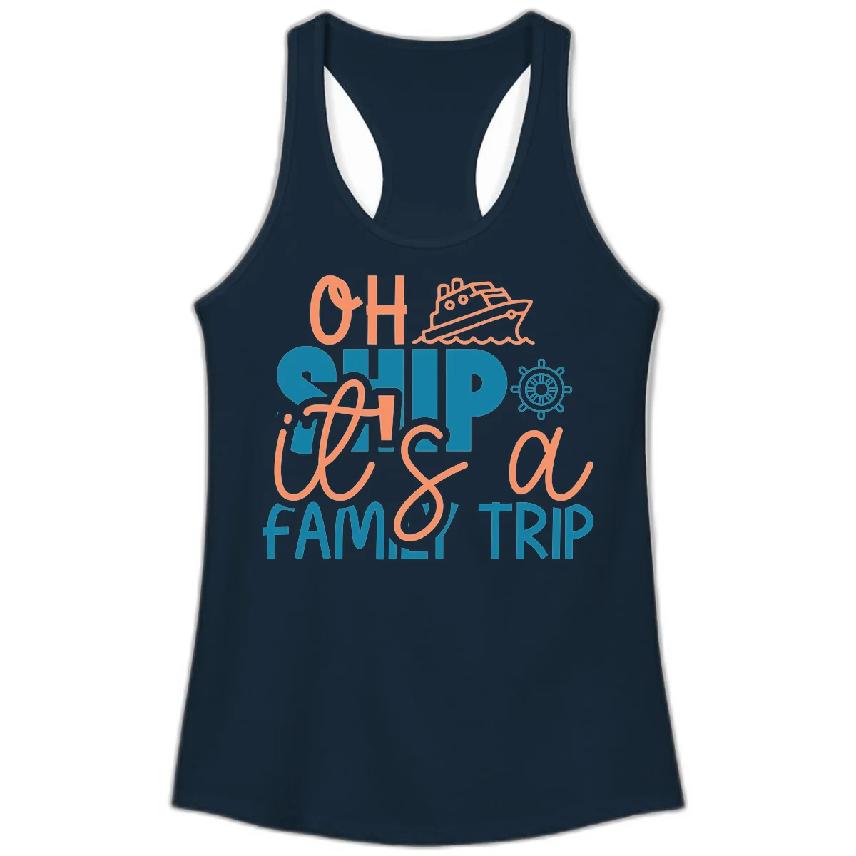 Oh Ship Family Cruise Trip Ladies Tank Top in Solid Midnight Navy