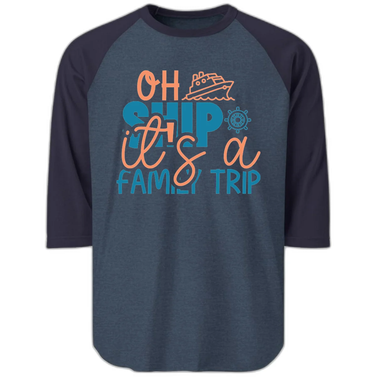 Oh Ship Family Cruise Trip Raglan 3/4 Sleeve in Heather Denim Navy