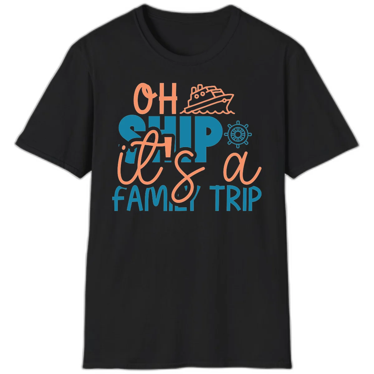 Oh Ship Family Cruise Trip Funny Nautical T-Shirt in Black