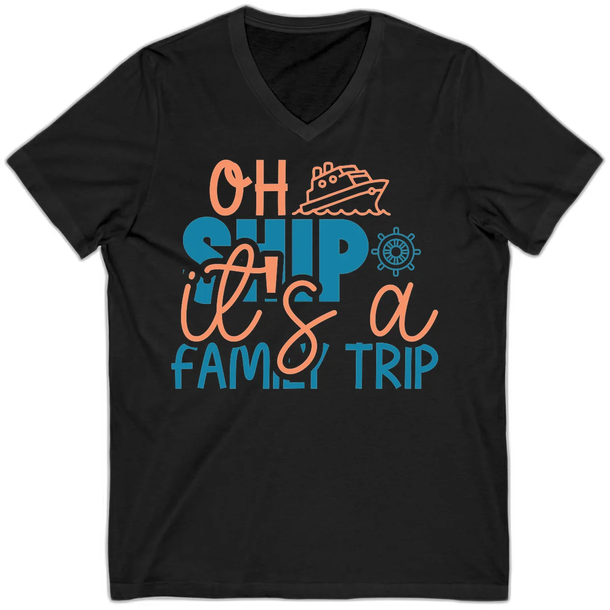 Funny Oh Ship Family Cruise Trip V-Neck Tee in Black