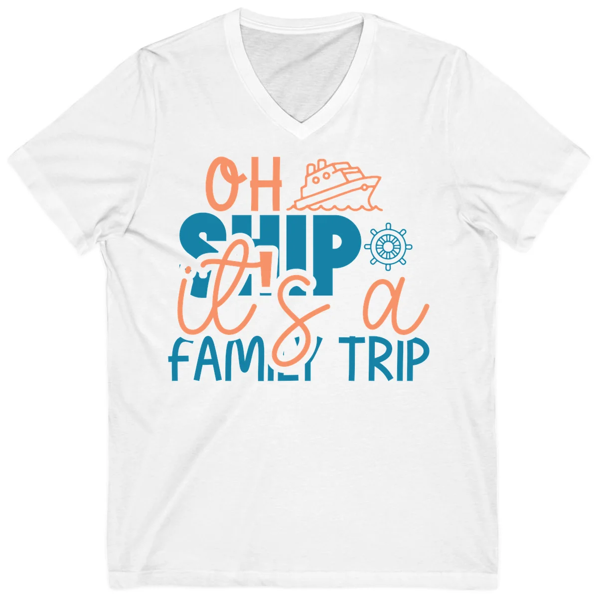 Funny Oh Ship Family Cruise Trip V-Neck Tee in White