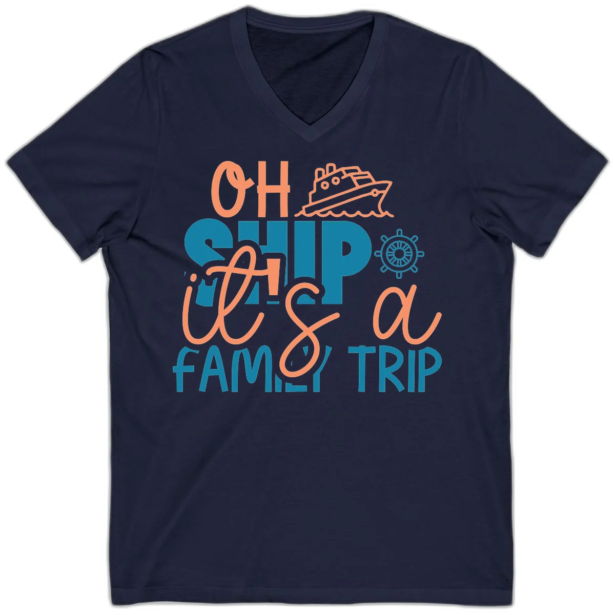 Funny Oh Ship Family Cruise Trip V-Neck Tee in Navy