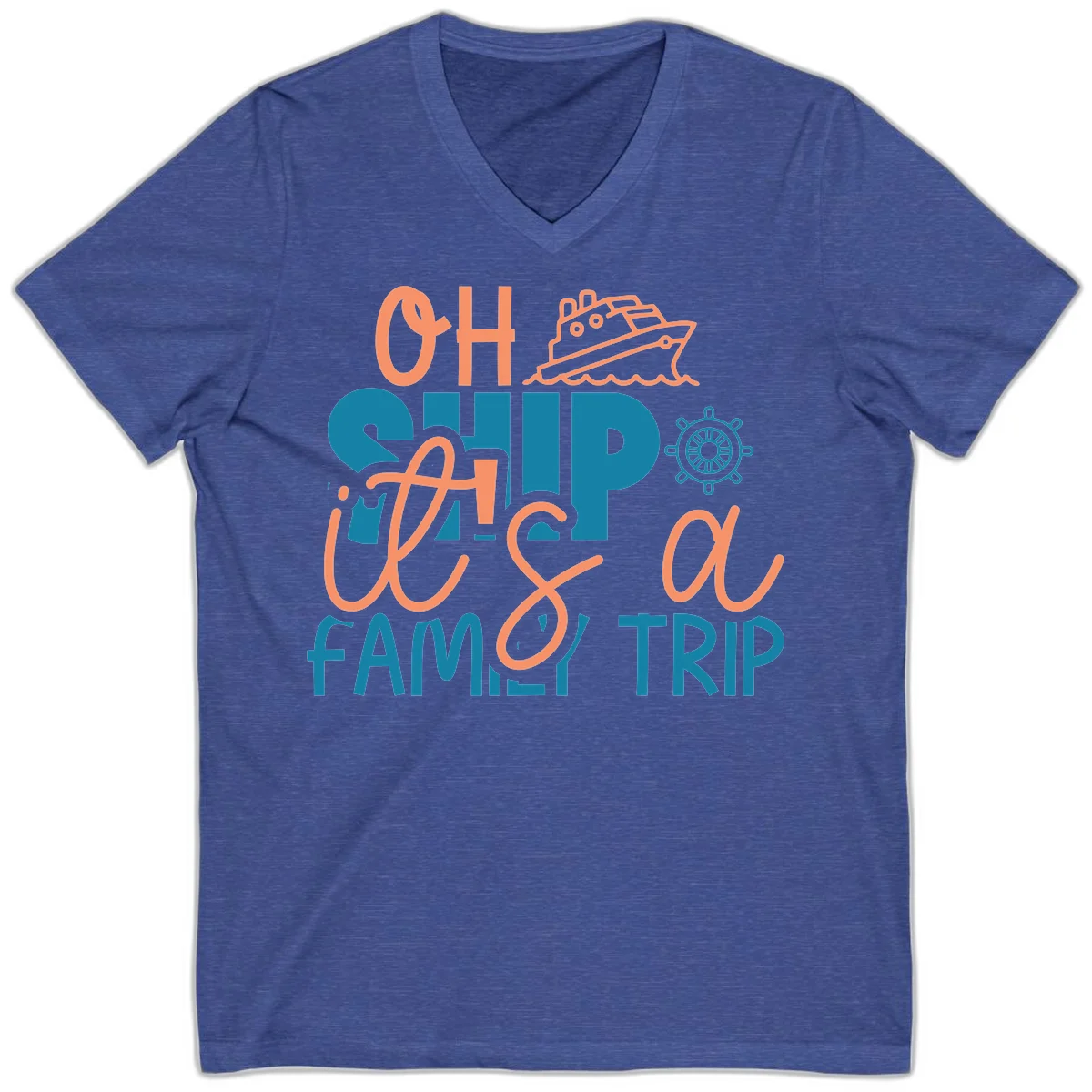 Funny Oh Ship Family Cruise Trip V-Neck Tee in Heather True Royal