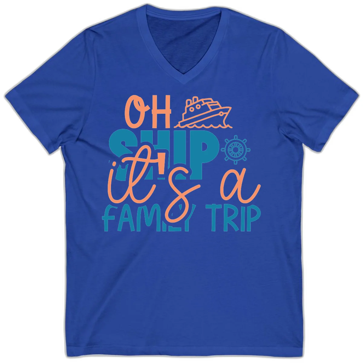 Funny Oh Ship Family Cruise Trip V-Neck Tee in True Royal