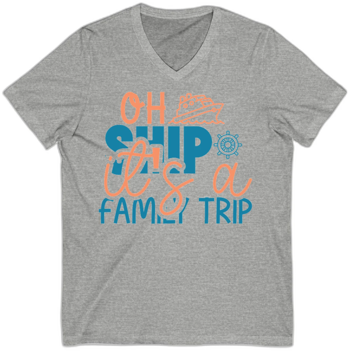 Funny Oh Ship Family Cruise Trip V-Neck Tee in Athletic Heather