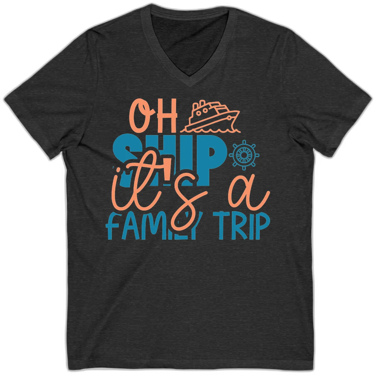 Funny Oh Ship Family Cruise Trip V-Neck Tee in Dark Grey Heather
