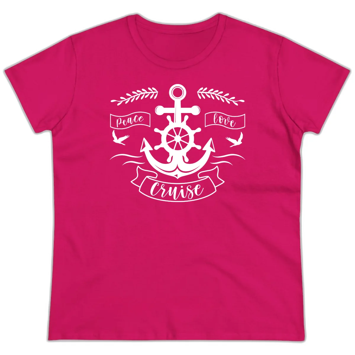 Peace Love Cruise Anchor Ladies Tee in Heliconia